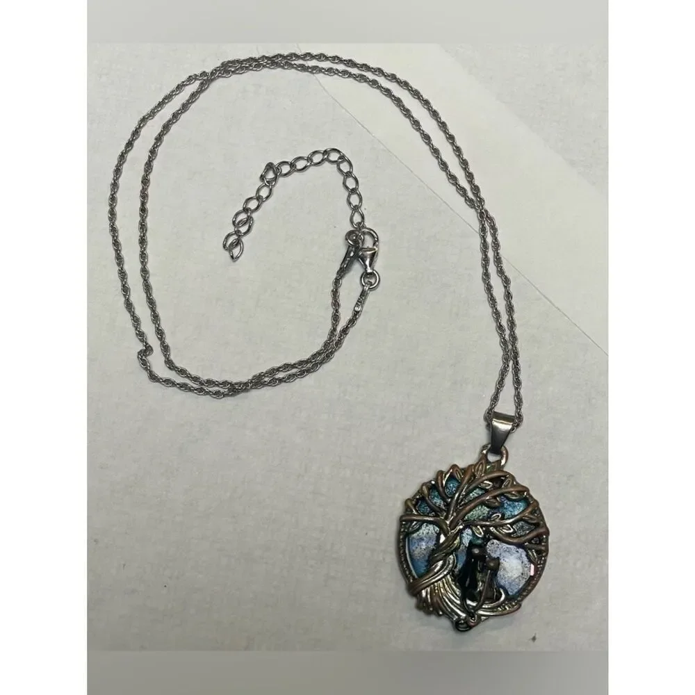 Tree of Life Silver Necklace with Blue-Green Enamel Pendant